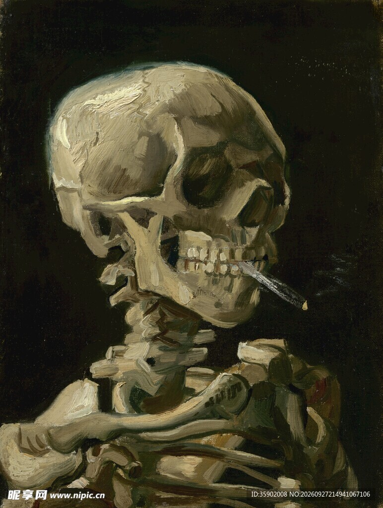 叼烟骷髅复古油画