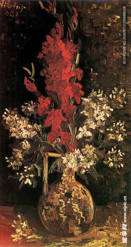 瓶中红花静物油画