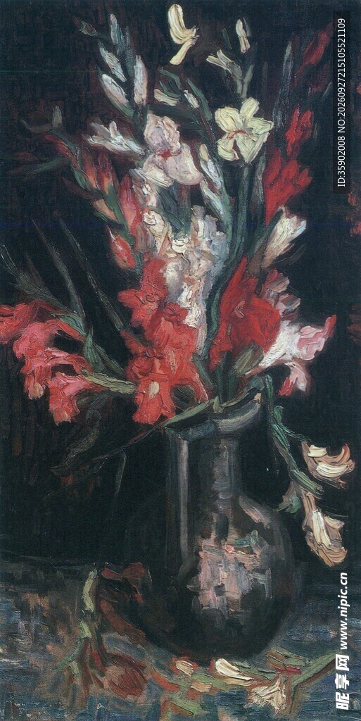 瓶中红花静物油画
