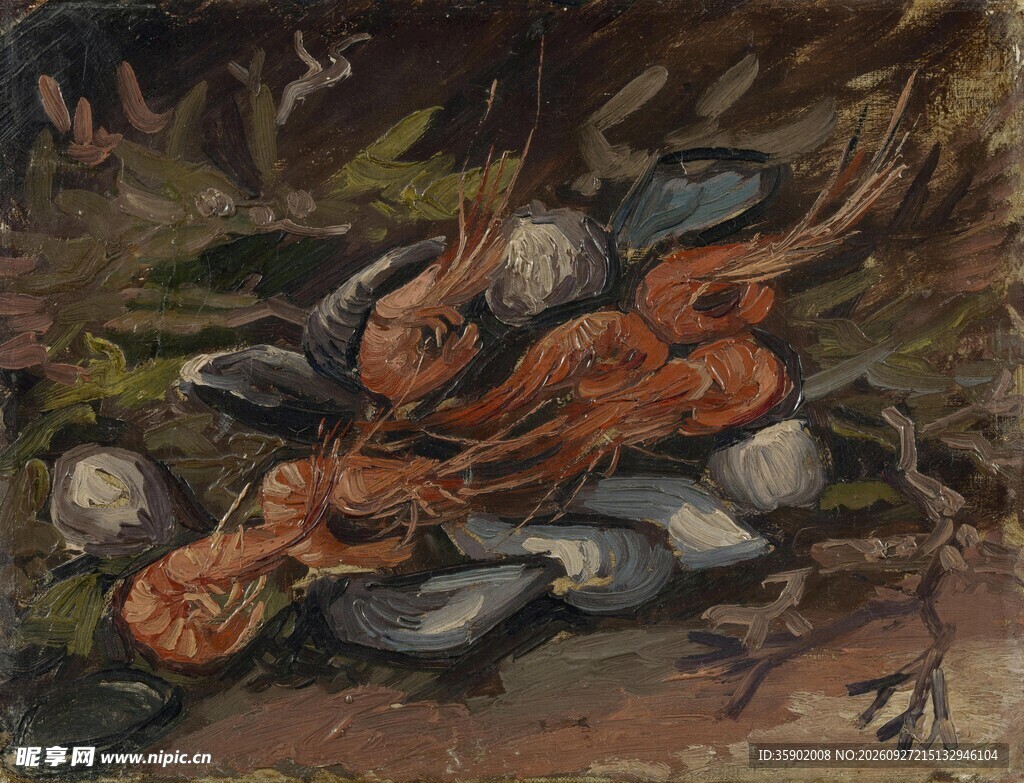 鲜虾贝类静物油画