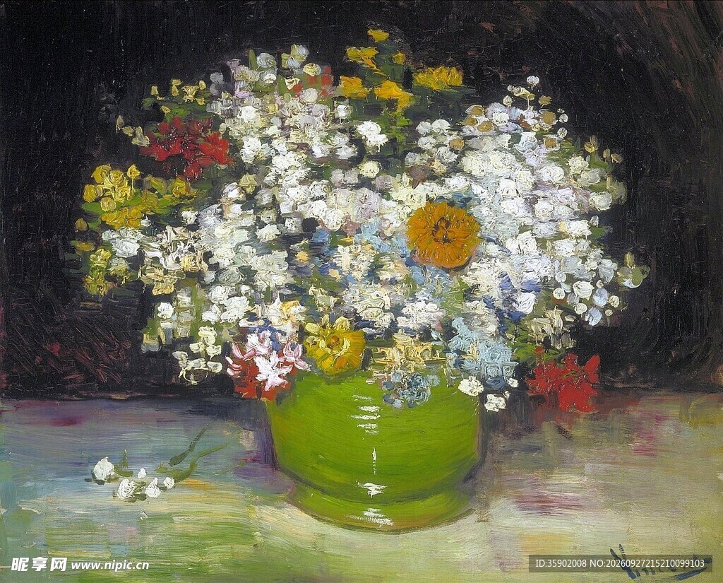 绿瓶插花静物油画