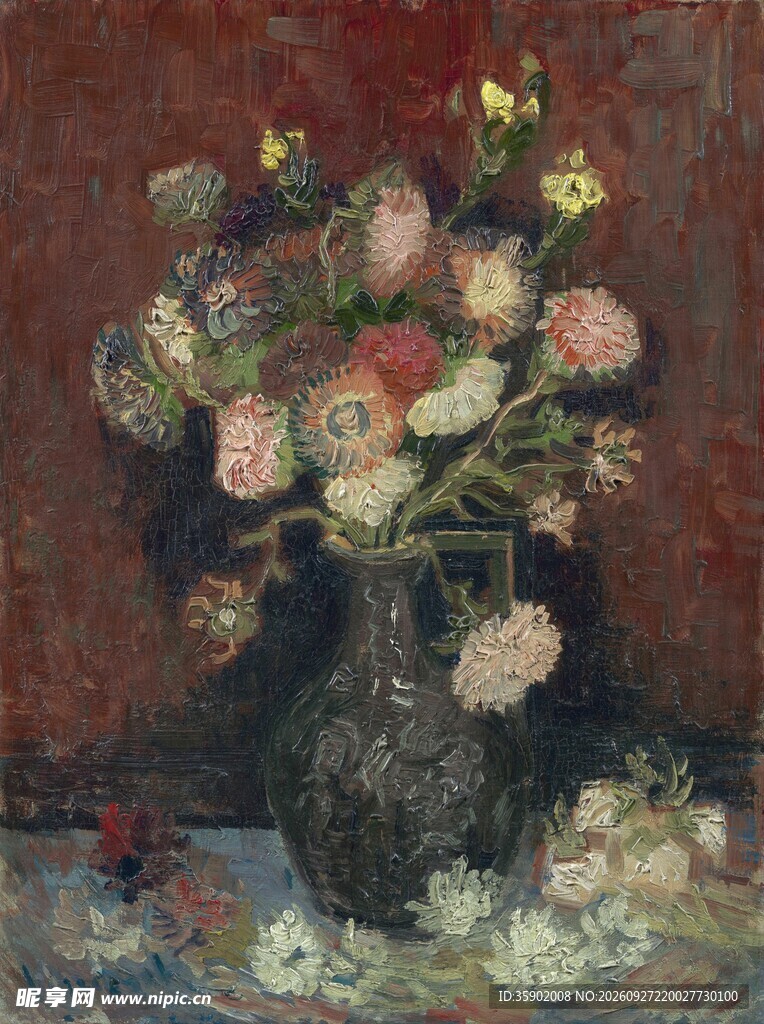 复古瓶花静物油画