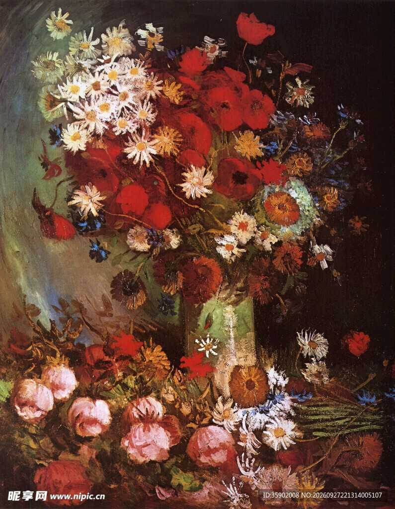 瓶中花卉静物油画