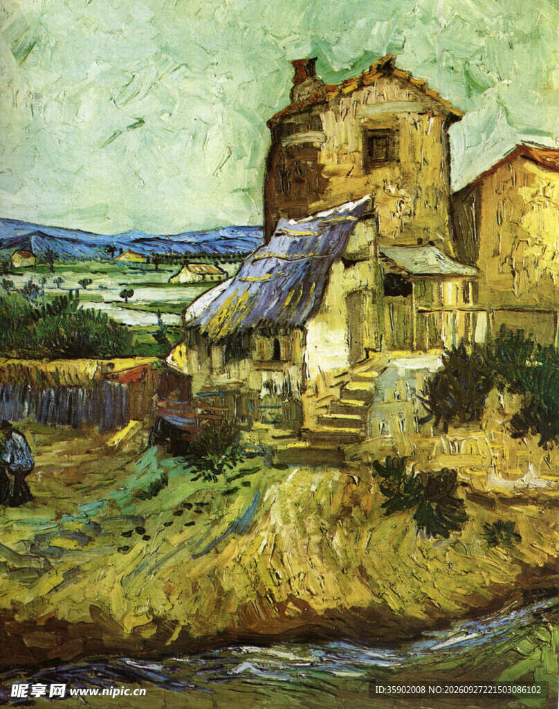 郊野乡村民居风景油画