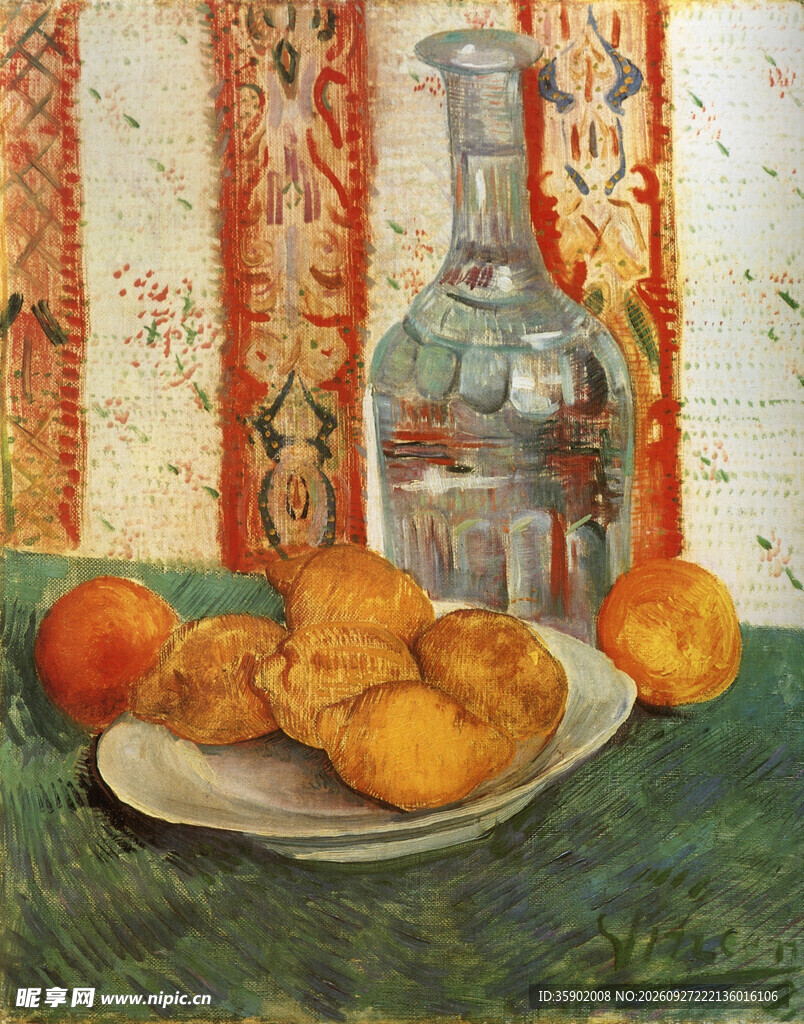 玻璃瓶水果静物油画