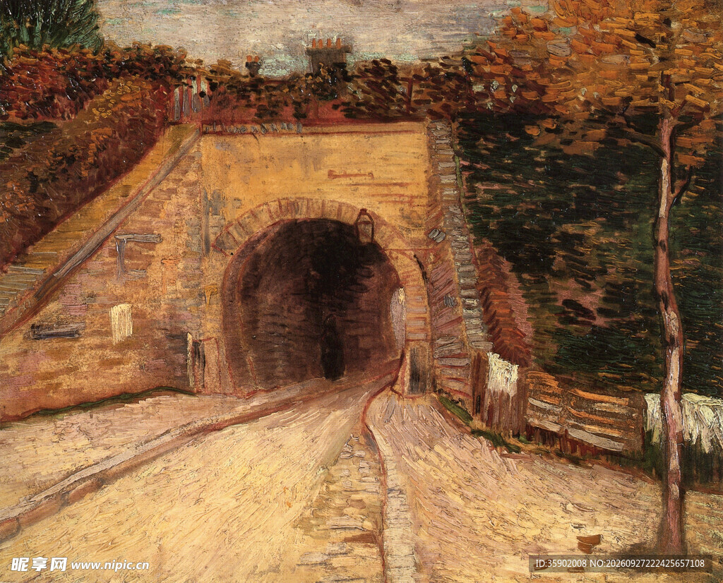 铁路隧道风景油画