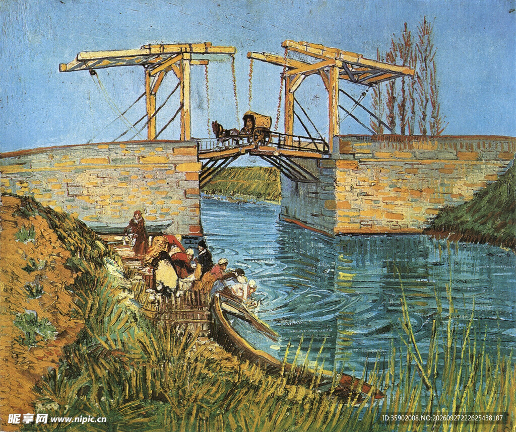 河畔古桥风景油画