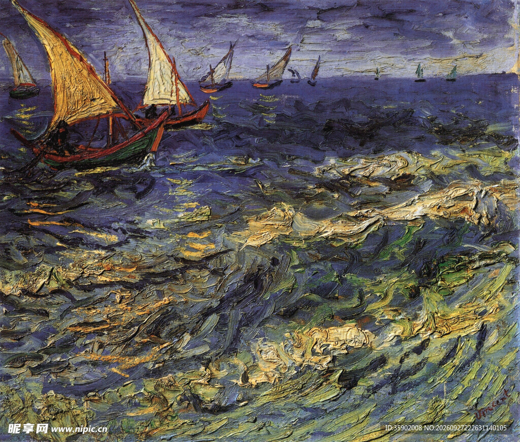 海上帆船风景油画