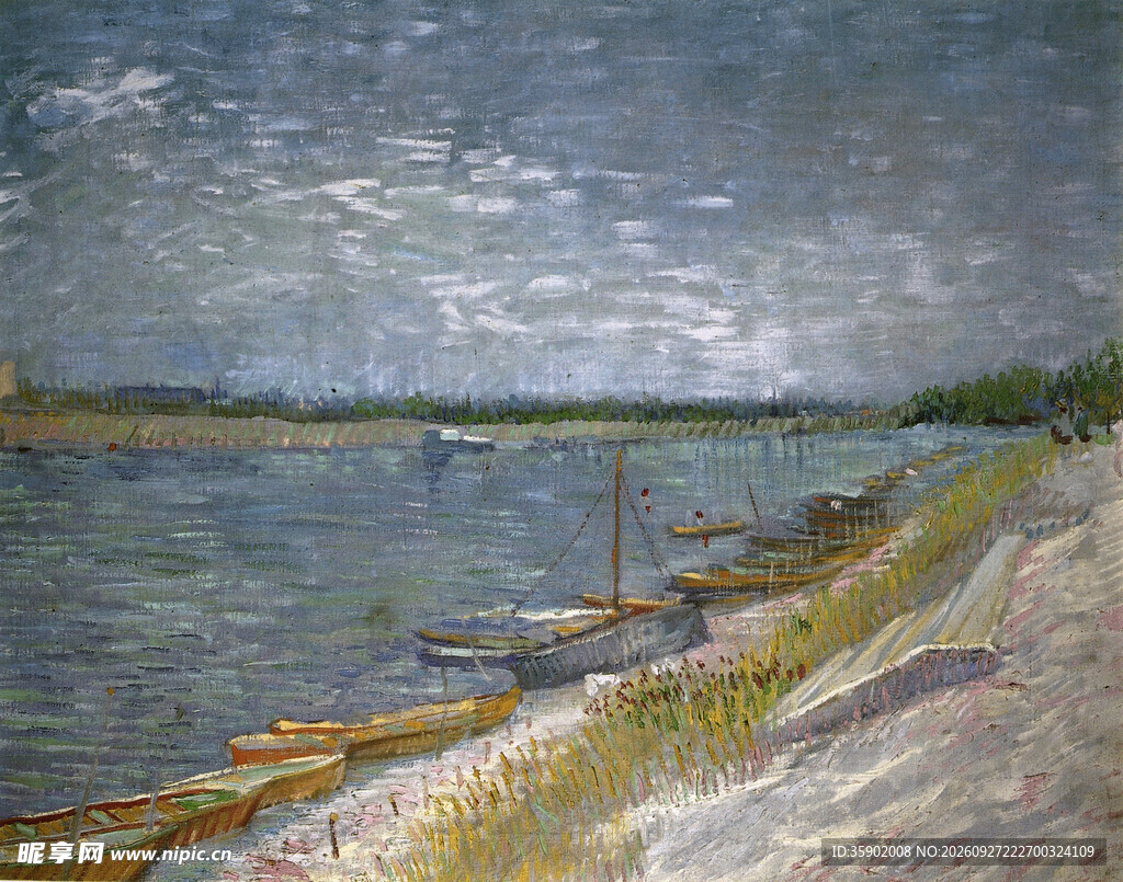 河畔泊船风景油画