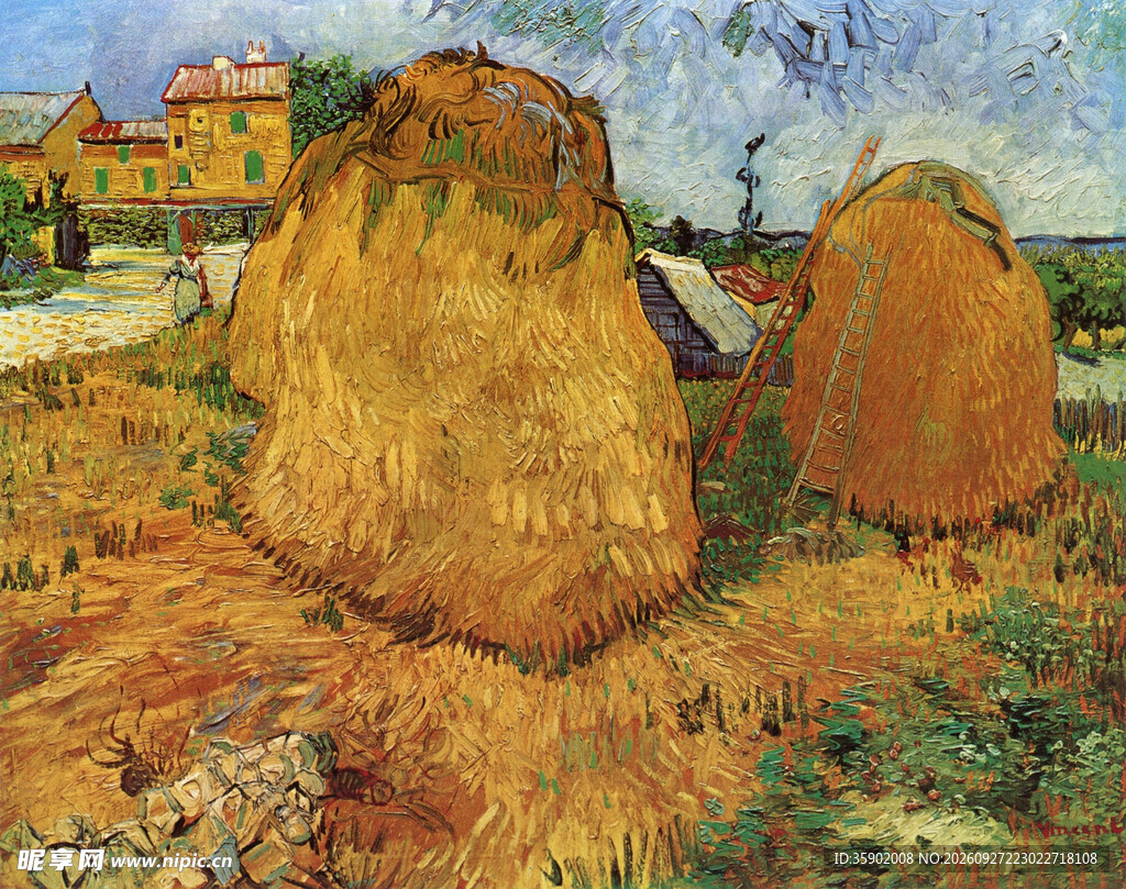 乡村草垛风景油画