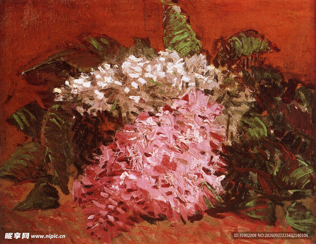 红底丁香花静物油画