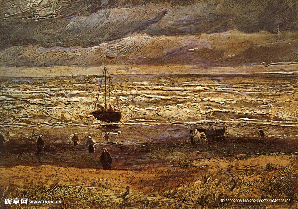 海滨帆船风景油画
