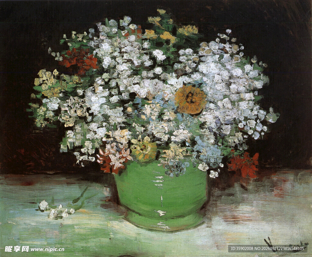 绿盆花卉静物油画