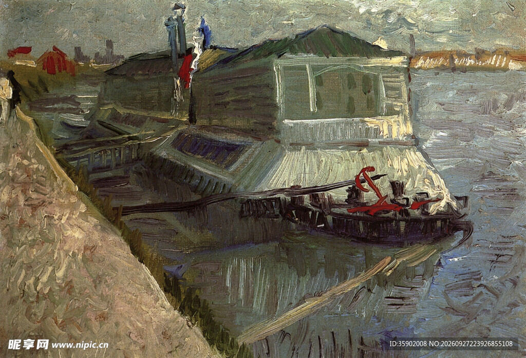 河畔驳船风景油画