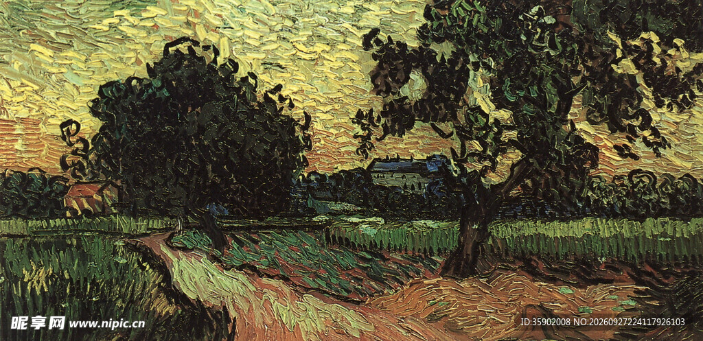 郊野黄昏风景油画