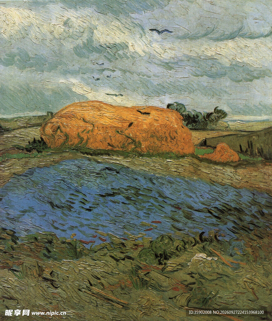 田野草垛风景油画