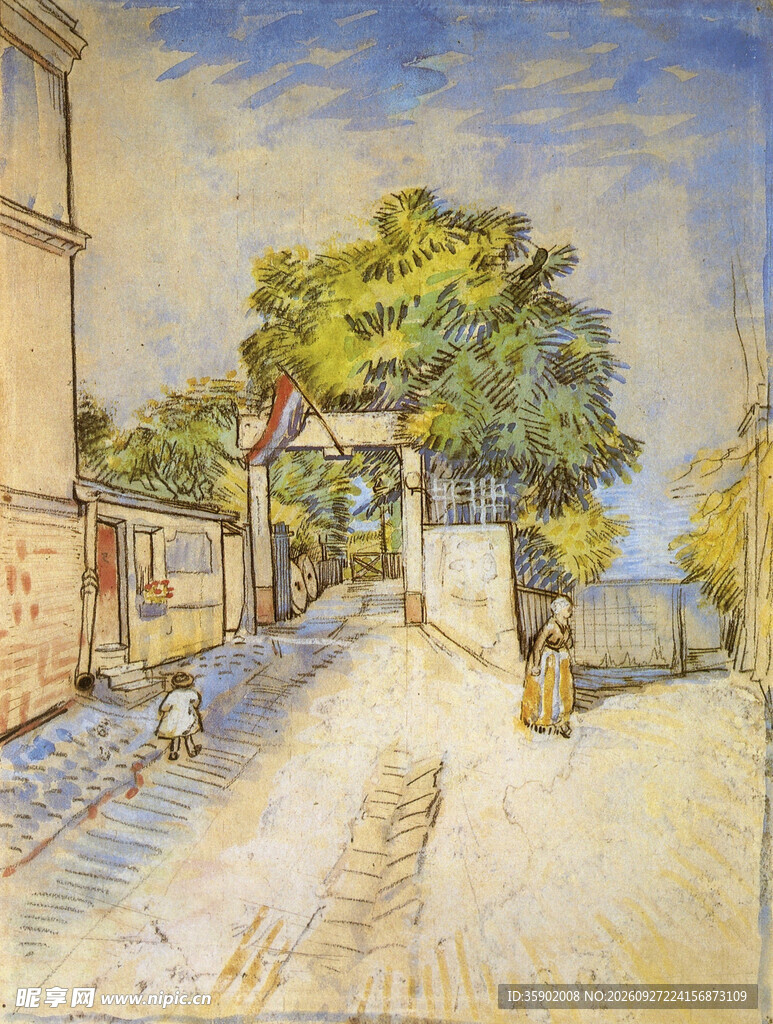 老校门街景水彩画