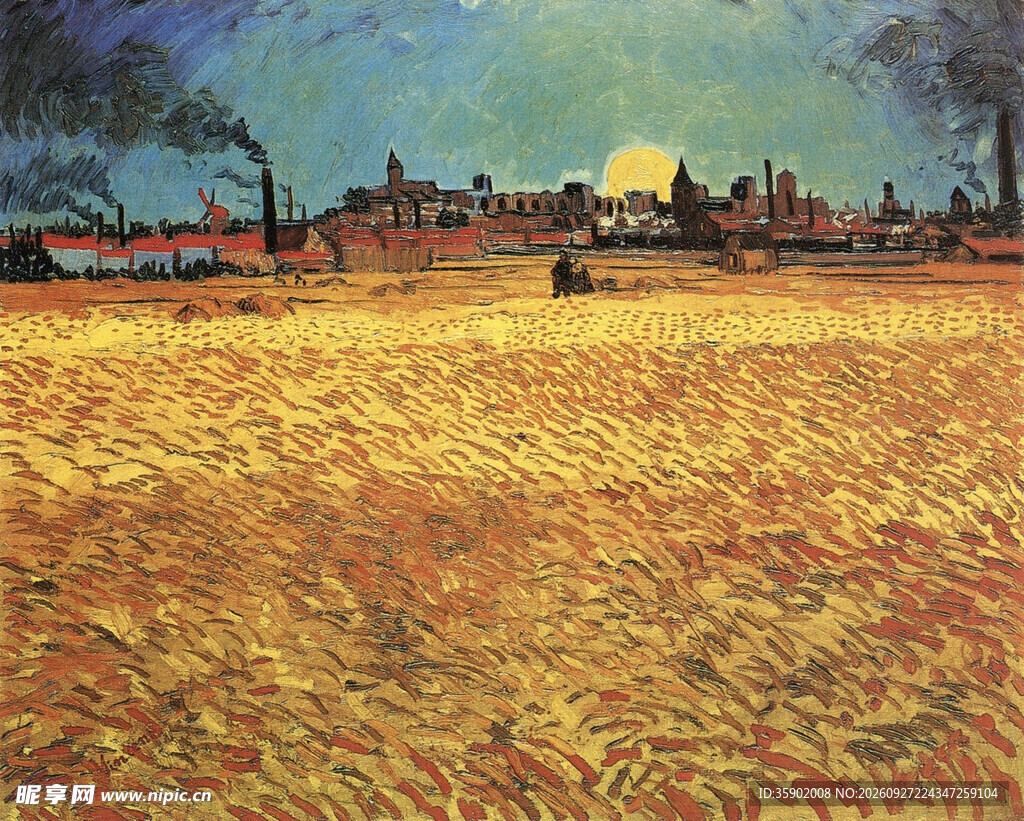 黄昏麦田风景油画