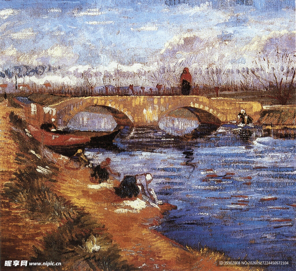 河畔古桥风情油画