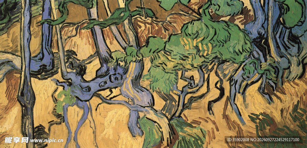 林间树木风景油画