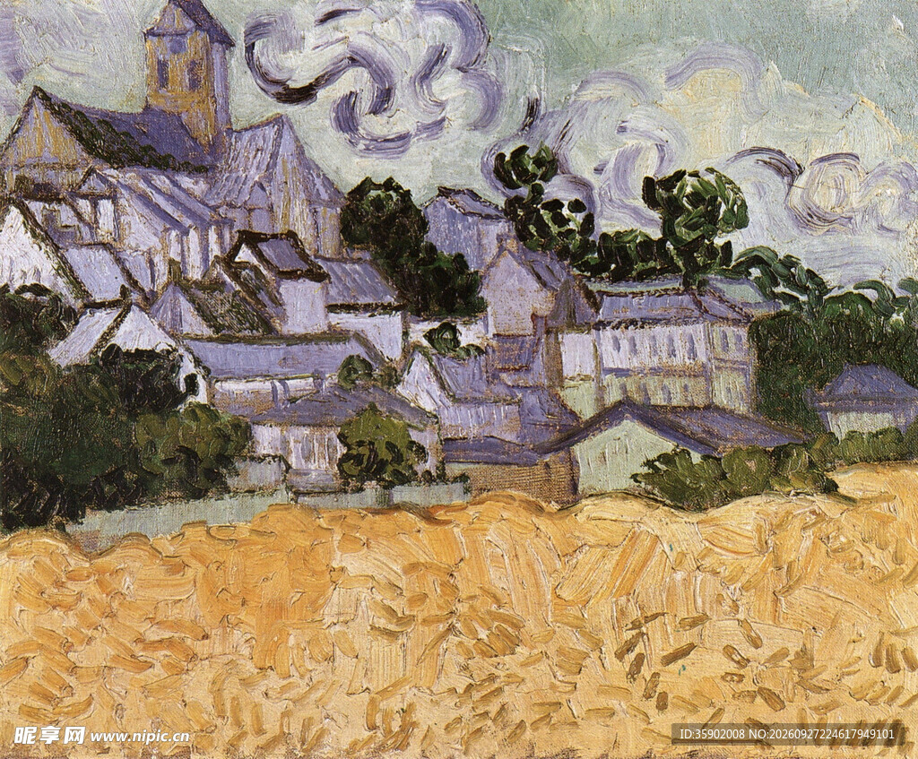 村庄田野风景油画