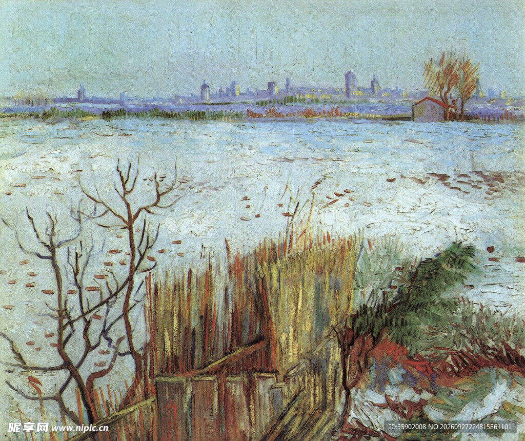 冬日河畔雪景油画