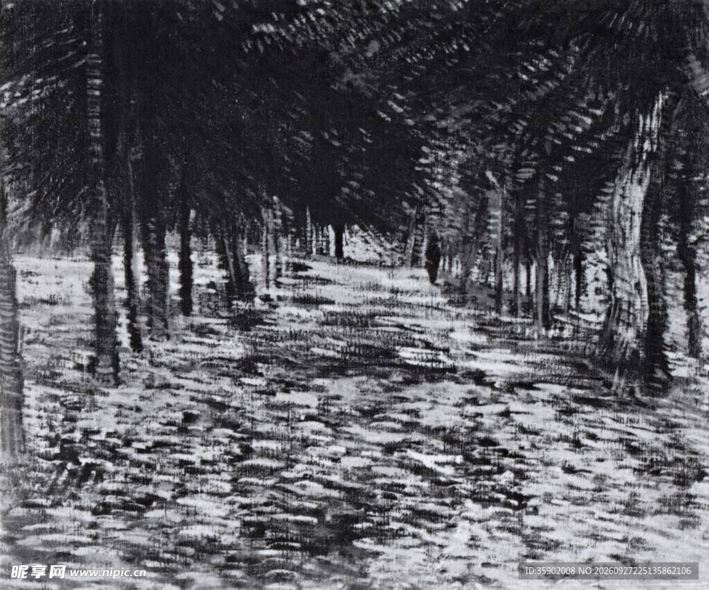 林间水畔素描风景