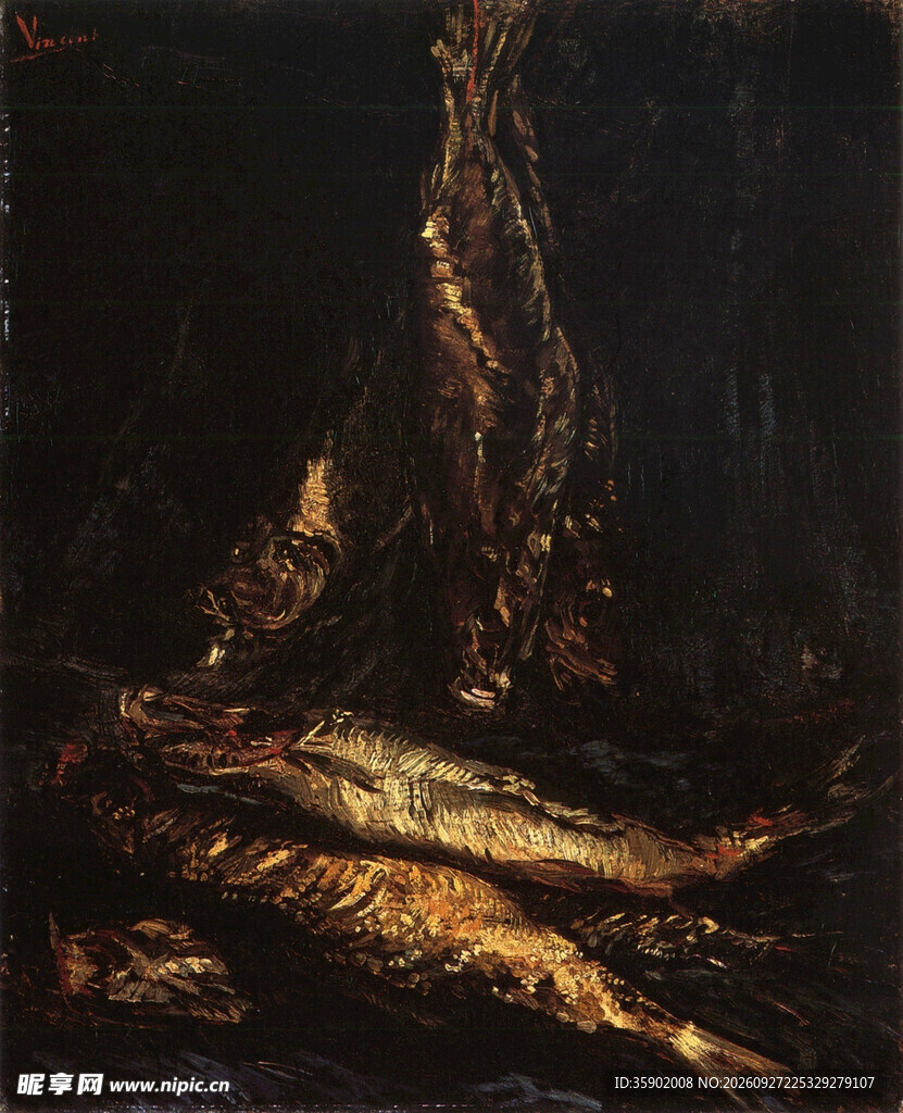 暗调静物鱼油画
