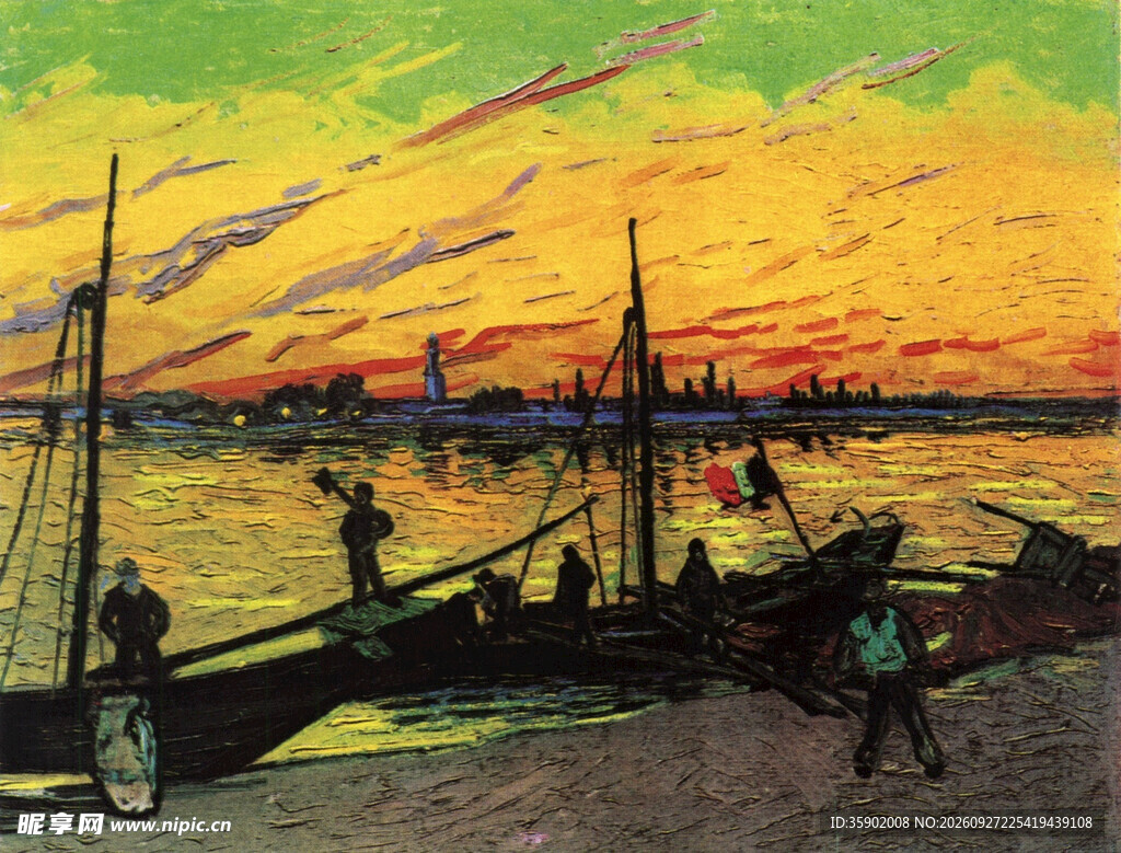 夕照码头风景版画