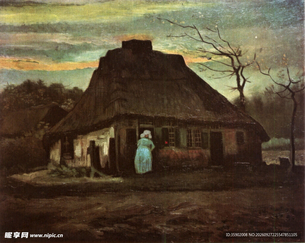 黄昏乡村茅草屋油画