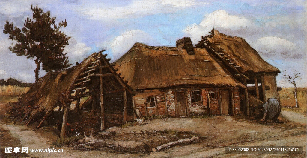 乡村茅草屋风景油画
