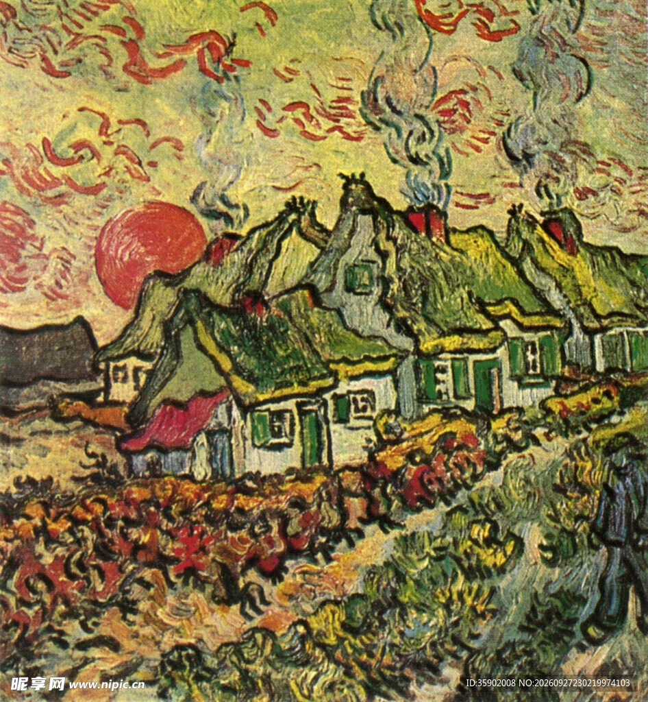 乡村日落农舍风景油画
