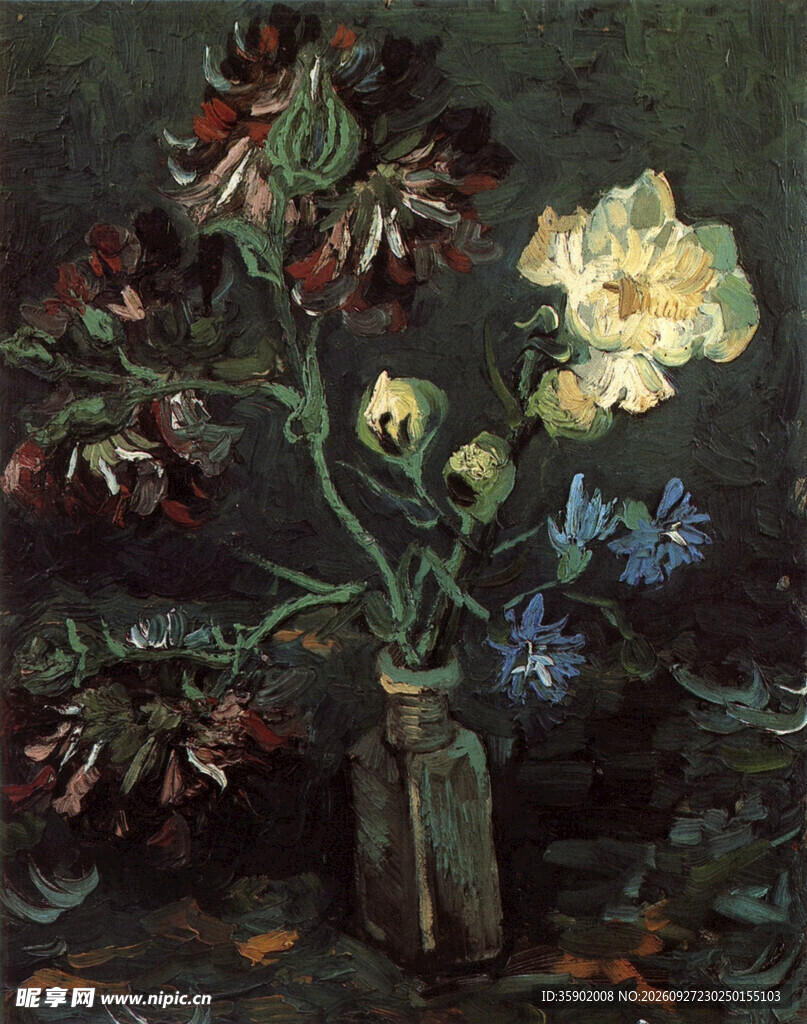 瓶中花卉静物油画