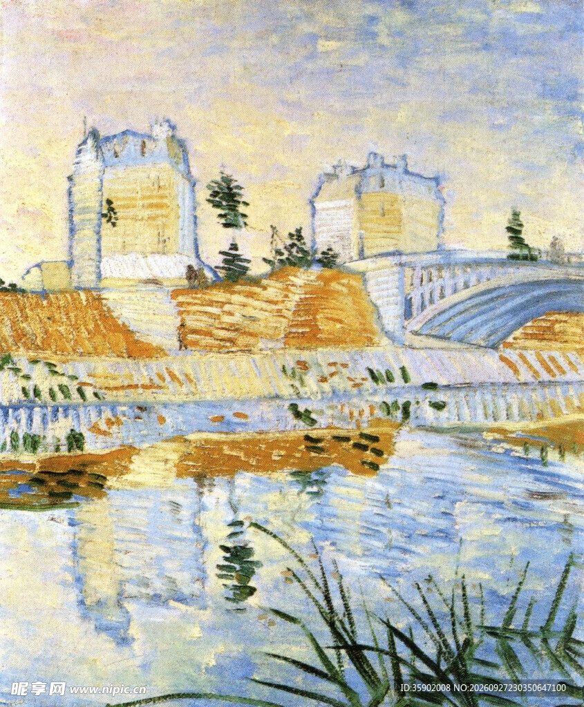 河畔城镇风景油画