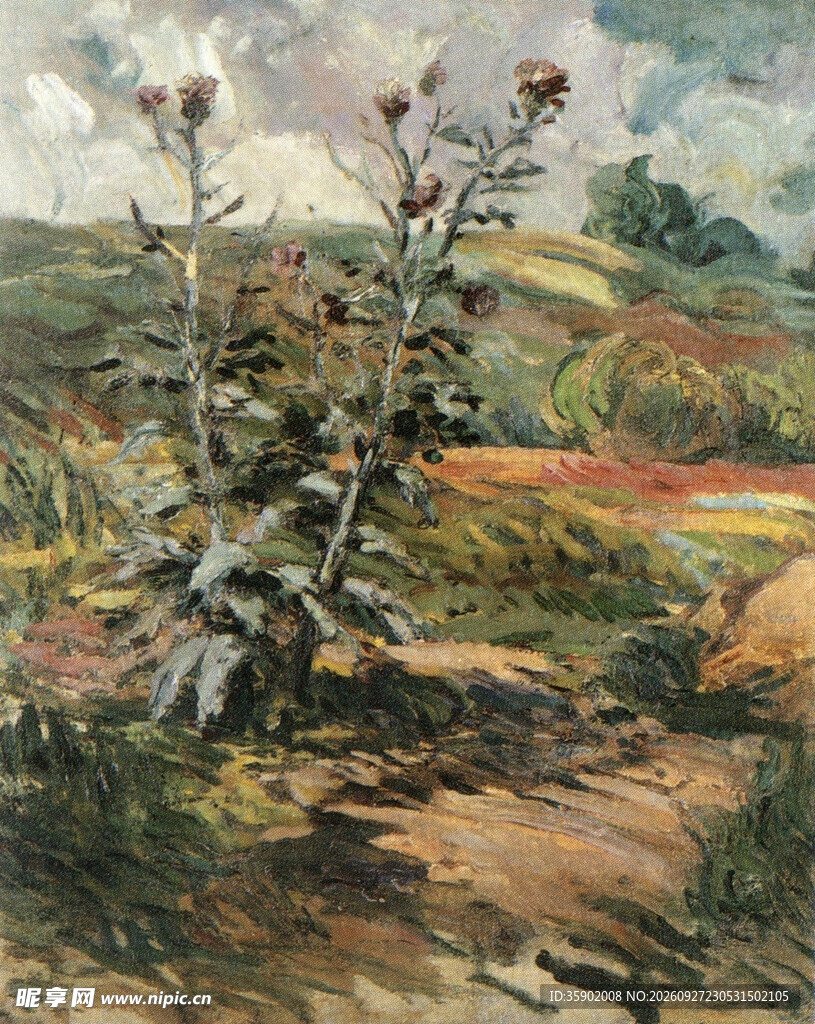 郊野蓟草风景油画
