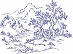 中式线描山水风景