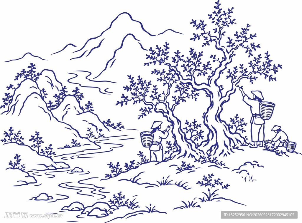 中式线描山水风景