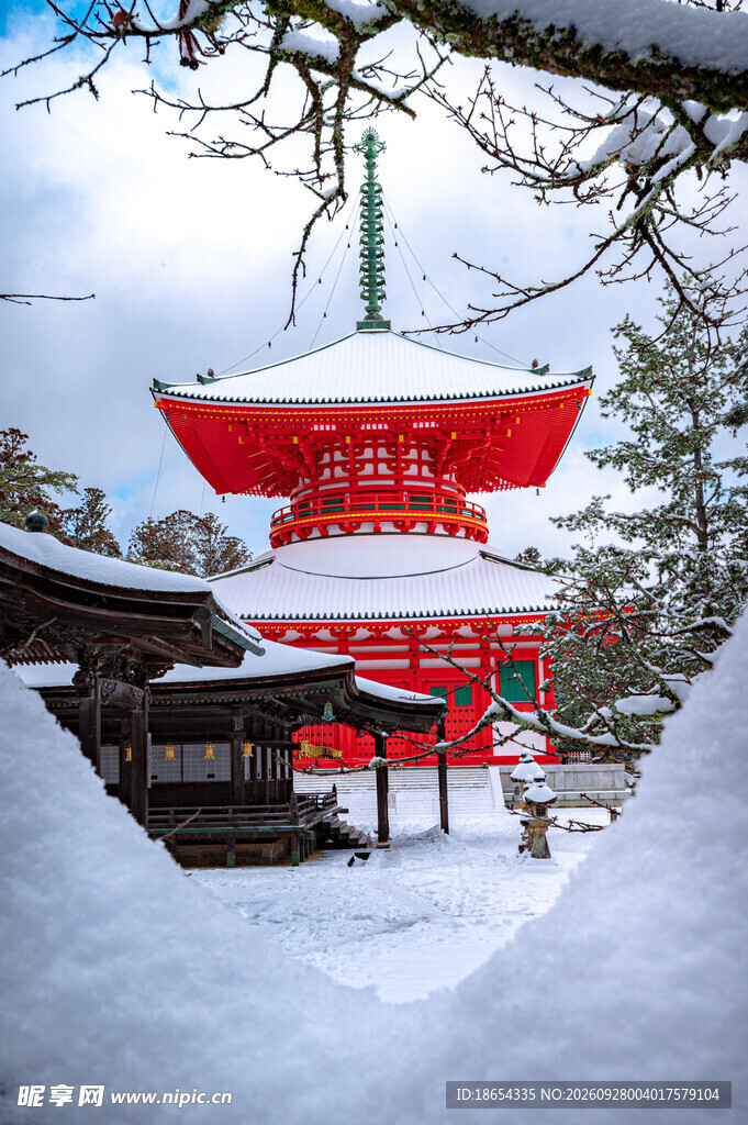 雪中日式红塔古建