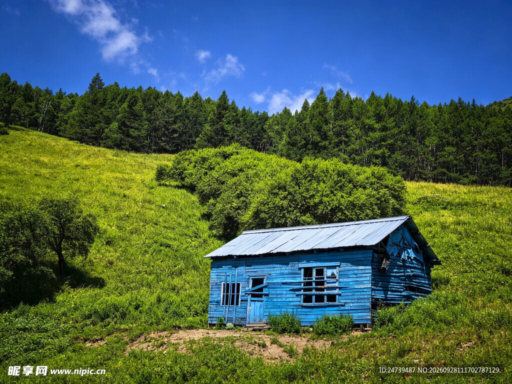 山坡上的蓝色小屋
