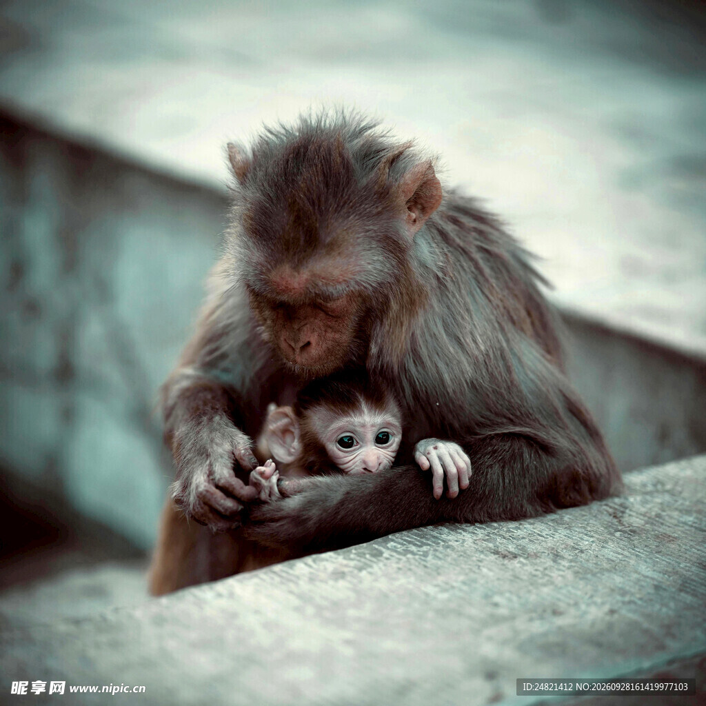 猕猴母子温情依偎