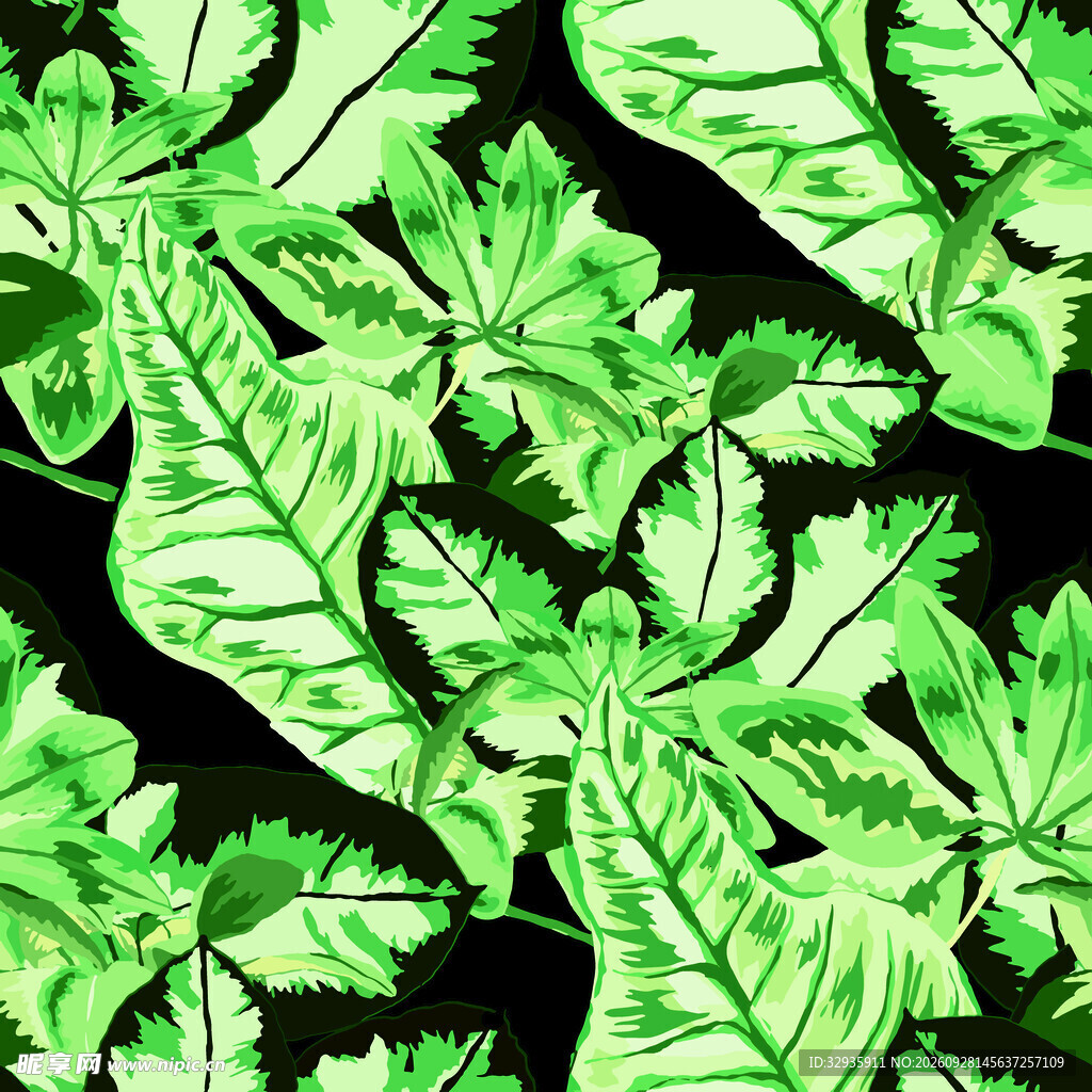 黑底绿叶植物装饰图案