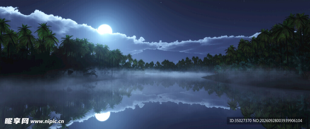 静谧月夜湖景