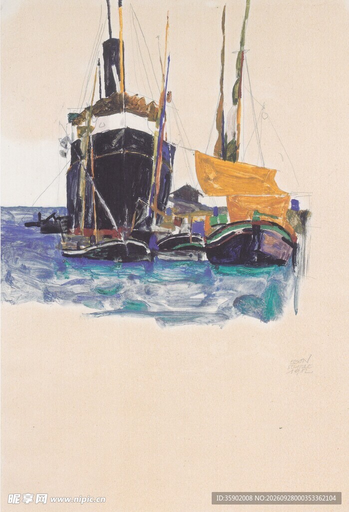 海面复古渔船水彩画