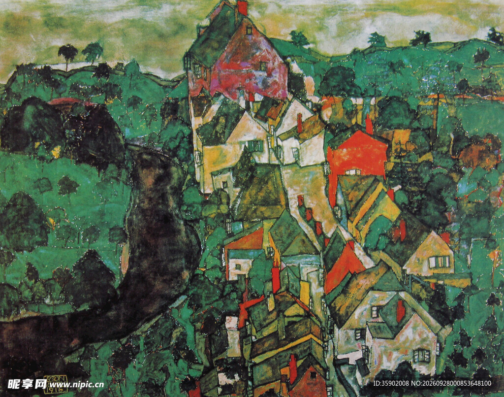 郊野村镇风景油画