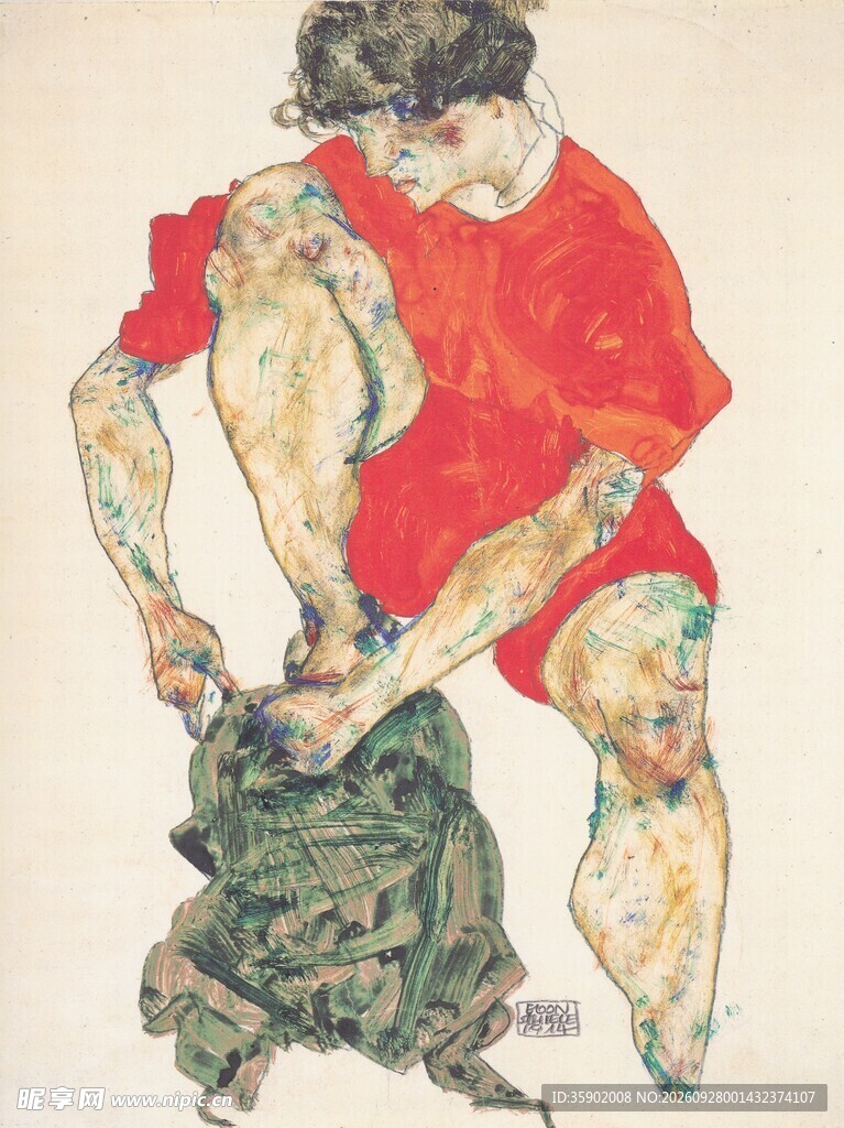 红衣运动人物写意画