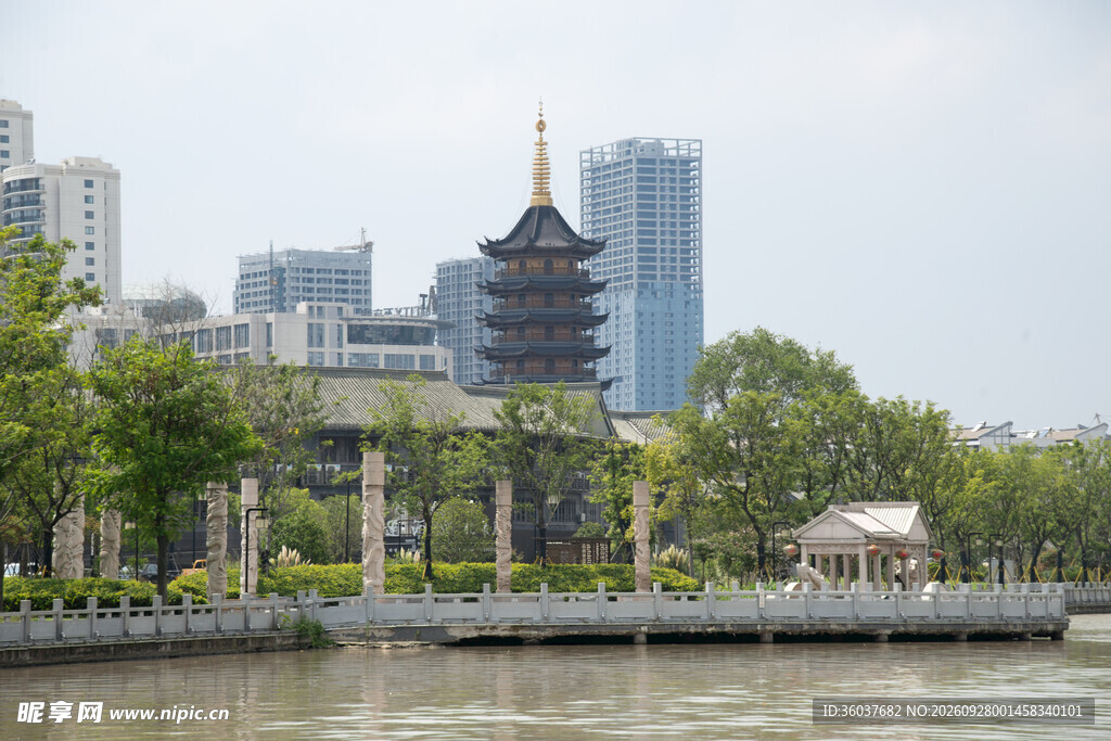 河畔古塔城市风光