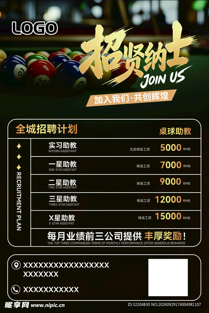 台球俱乐部招聘海报