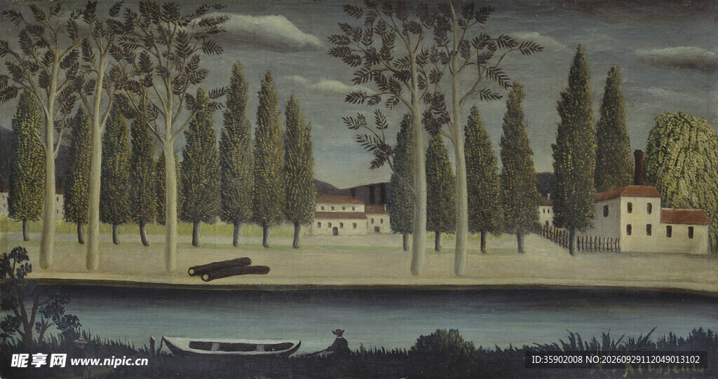 湖畔乡村风景油画