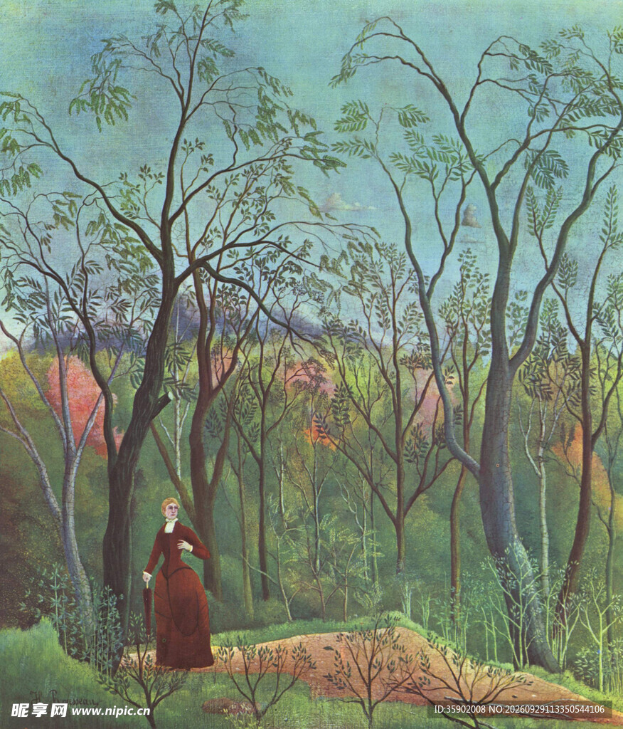林间漫步女子风景油画