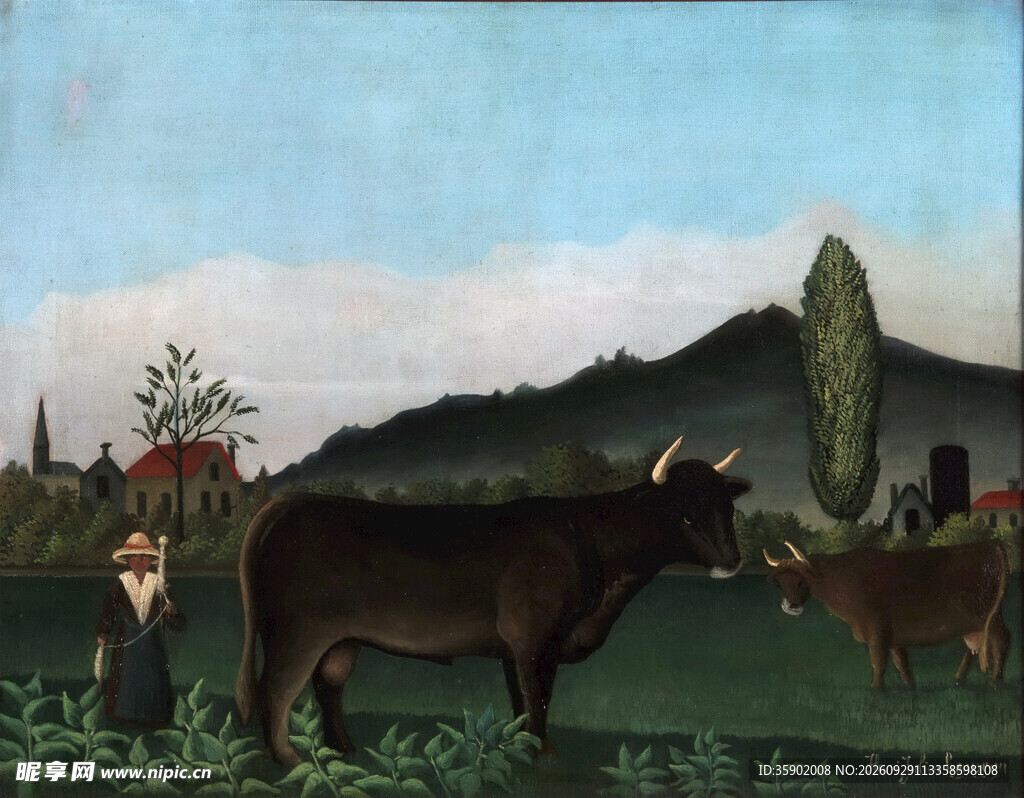 乡野牧牛风景油画